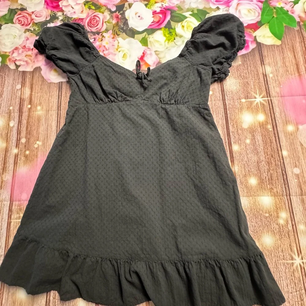 wild fable Black Puff-Sleeve Tie-Front Mini Dress - Picture 7 of 9